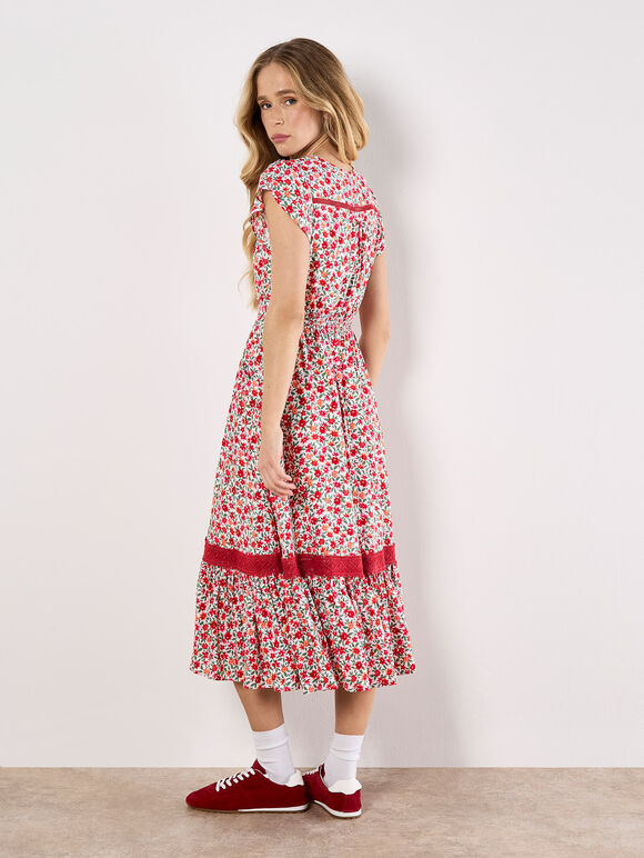 Ditsy Floral Button Down Midi Dress, White, large