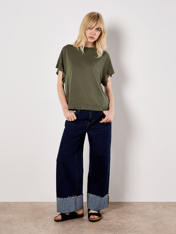 Ruffle Sleeve T-Shirt, Khaki, large