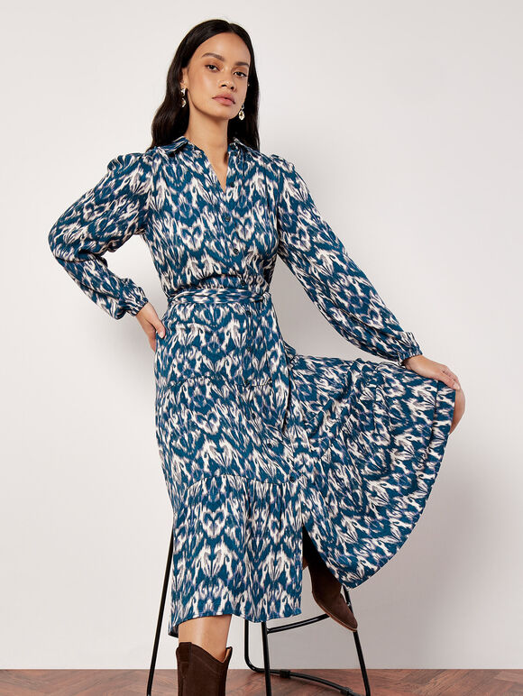 Ikat Tiered Shirt Midi Dress, Teal, large
