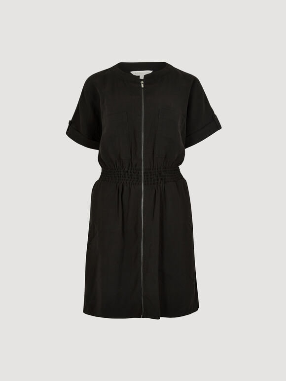 Zip-Down Utility Mini Dress, Black, large