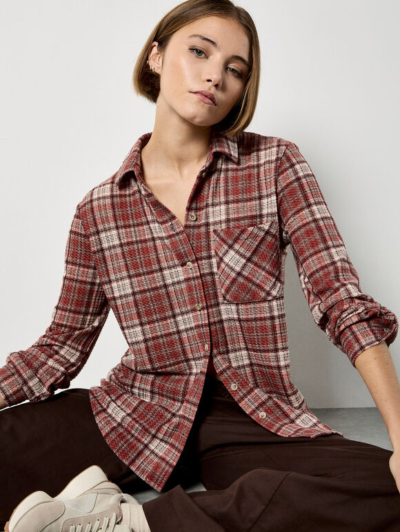 Check Print Shirt, Burgundy, large