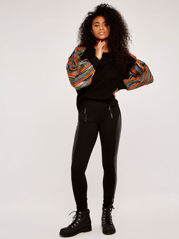 Leather Look Panel Ponti Legging, Black, large