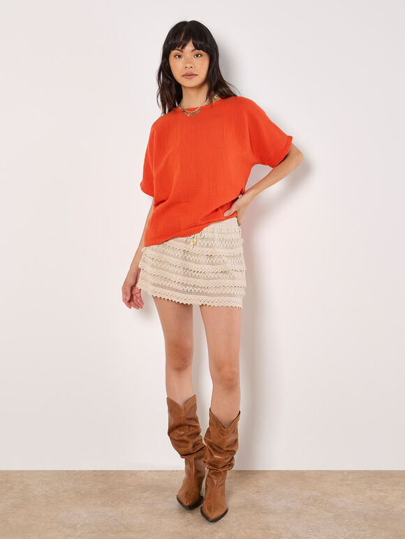 Textured Cotton Button Back T-Shirt, Orange, large
