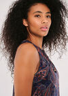 Paisley V Neck Ruffle Trim Dress, Navy, large