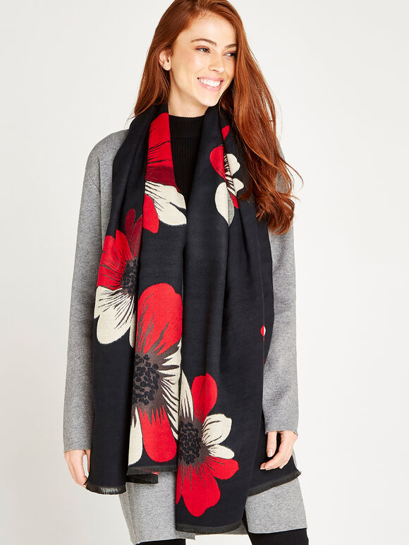 Large Woven Flowers Scarf, Red, large