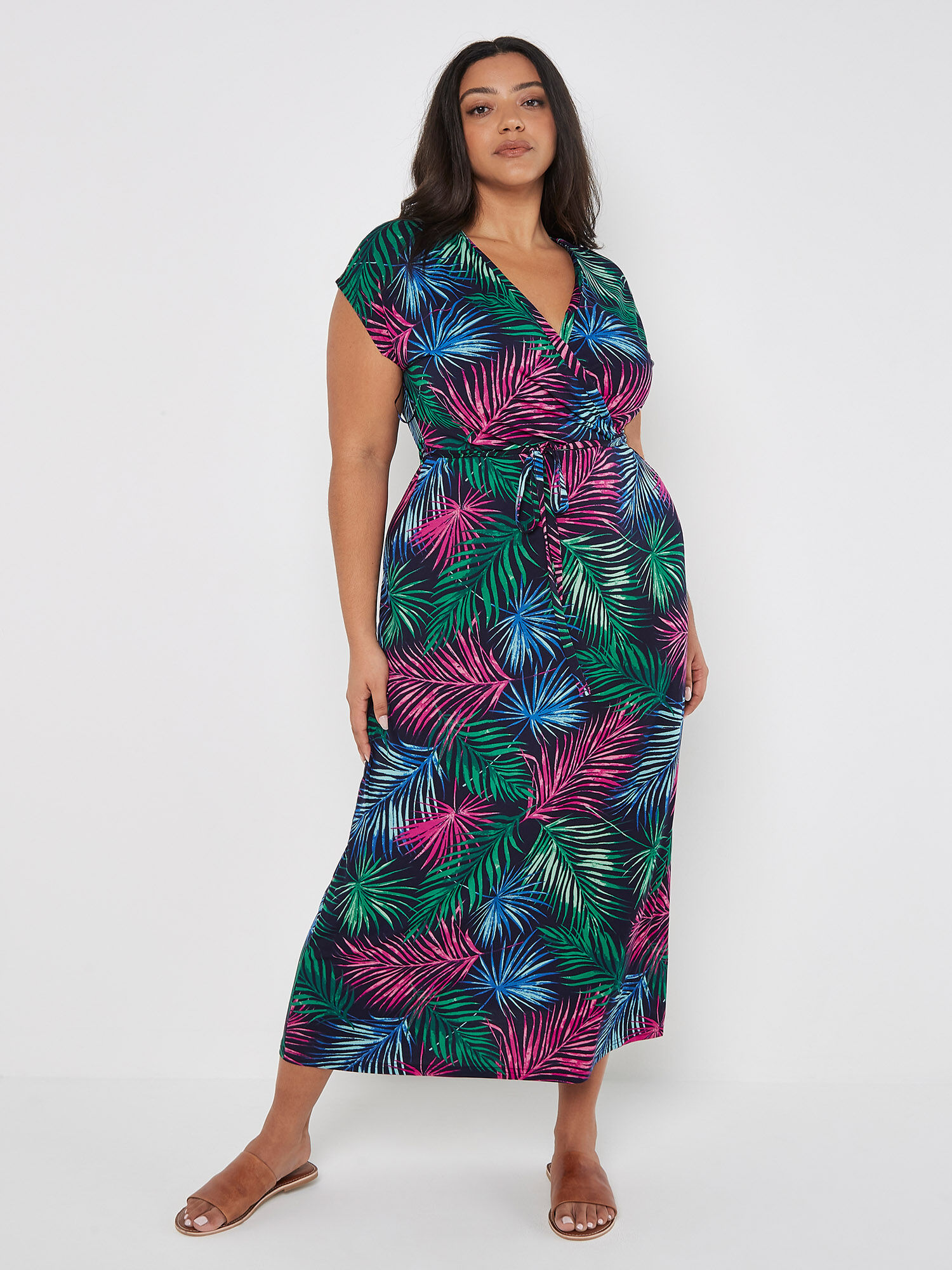 Curve Tropical Palm Wrap Maxi Dress Apricot Clothing