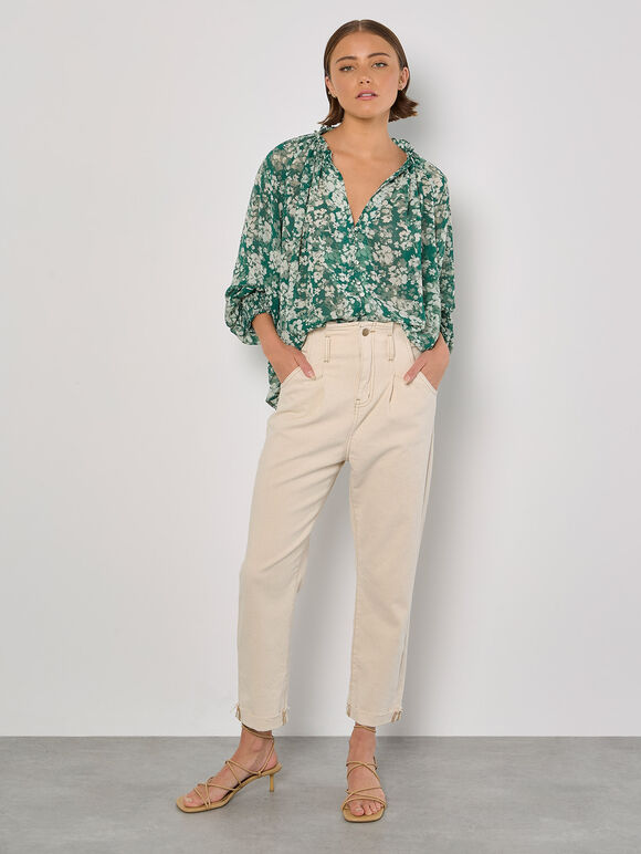 Blurred Floral Chiffon Blouse, Green, large