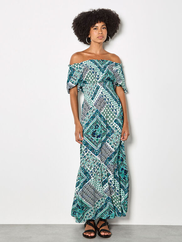 Boho Folk Print Maxi Dress, Blue, large