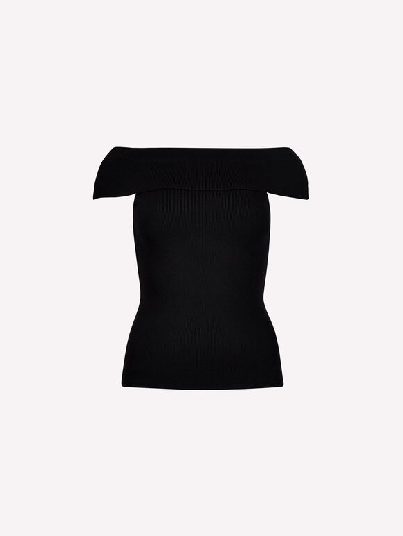 Rib Knit Bardot Top, Black, large
