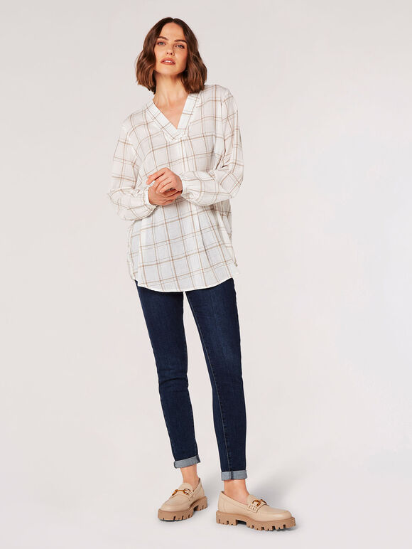 Check Print Oversized Shirt, White, large