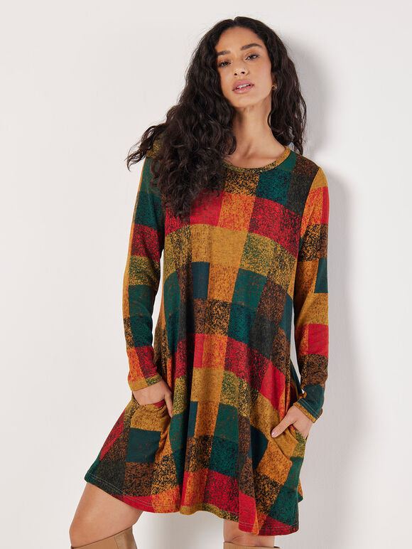 Colourful Patchwork Check Swing Mini Dress, Green, large