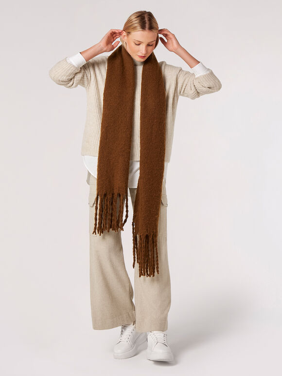Soft Boucle Tassel Scarf, Brown, large