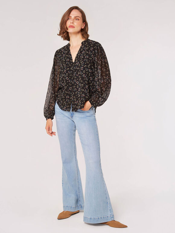 Ditsy Floral Chiffon Blouse, Black, large