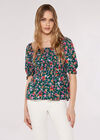 Smocked Ditsy Print Top, Green, large