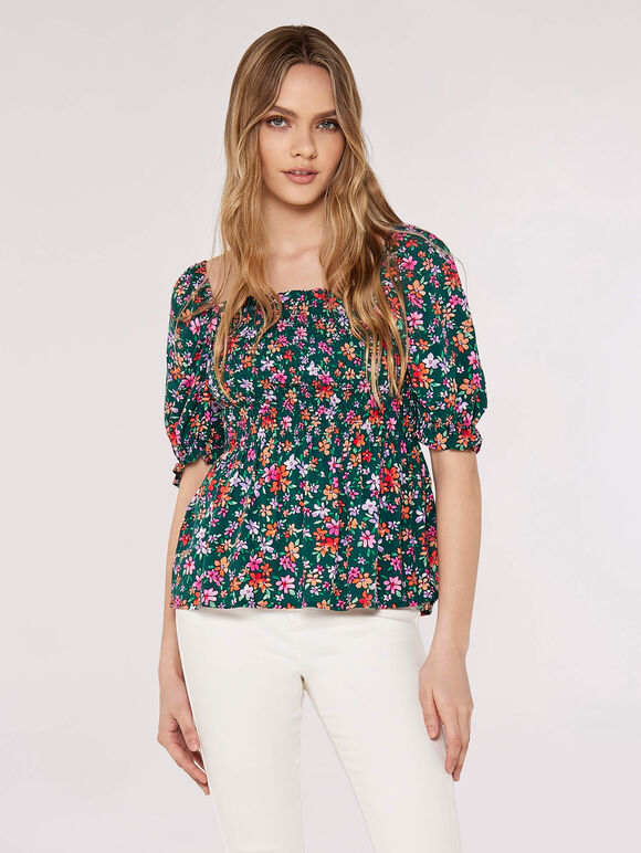 Smocked Ditsy Print Top, Green, large