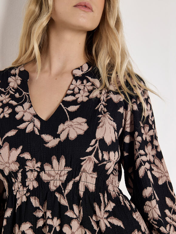 Crinkle Floral Mini Dress, Black, large