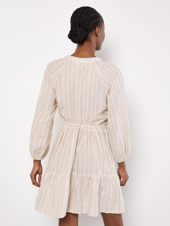 Linen Blend Stripe Shimmer Mini Dress, Stone, large