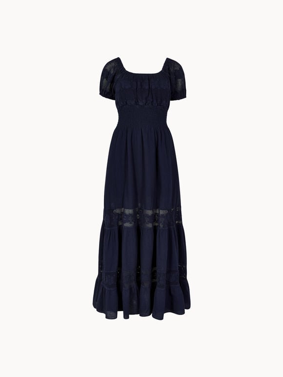 Floral Lace Milkmaid Maxi Dress, Navy, large
