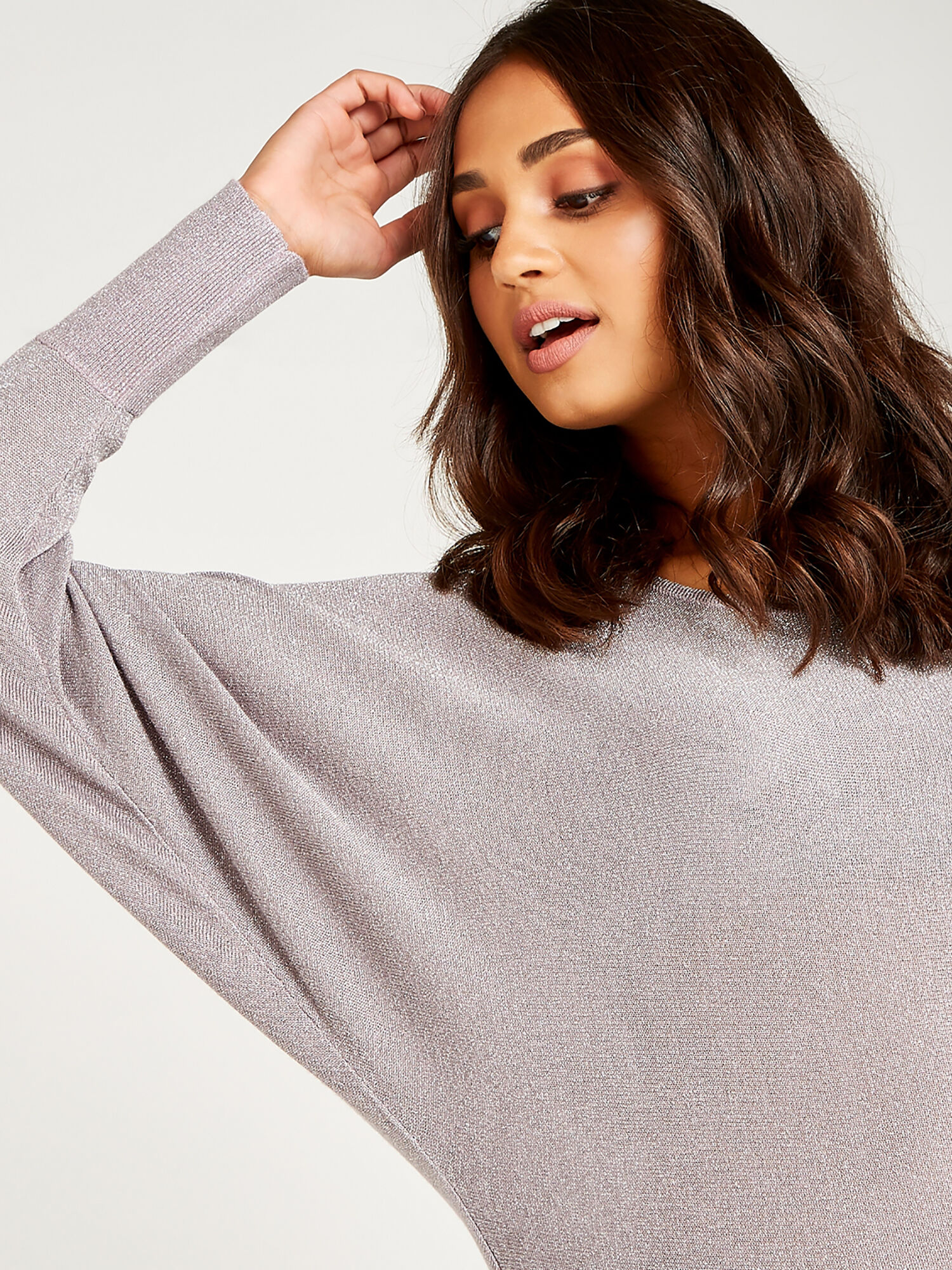 Fine Knit Lurex Batwing Jumper Apricot Clothing