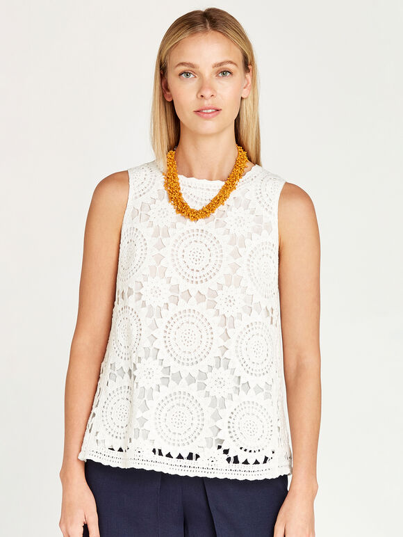 Crochet Flowers Shell Top, Cream, large