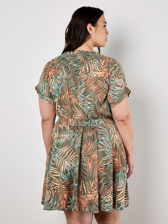 Tropical Leaf Print Smocked Mini Dress, Khaki, large