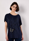 Oversized Butterfly Diamante Stud T-Shirt, Navy, large
