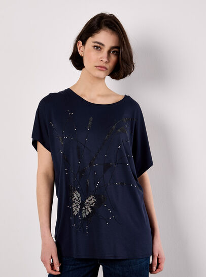 Oversized Butterfly Diamante Stud T-Shirt