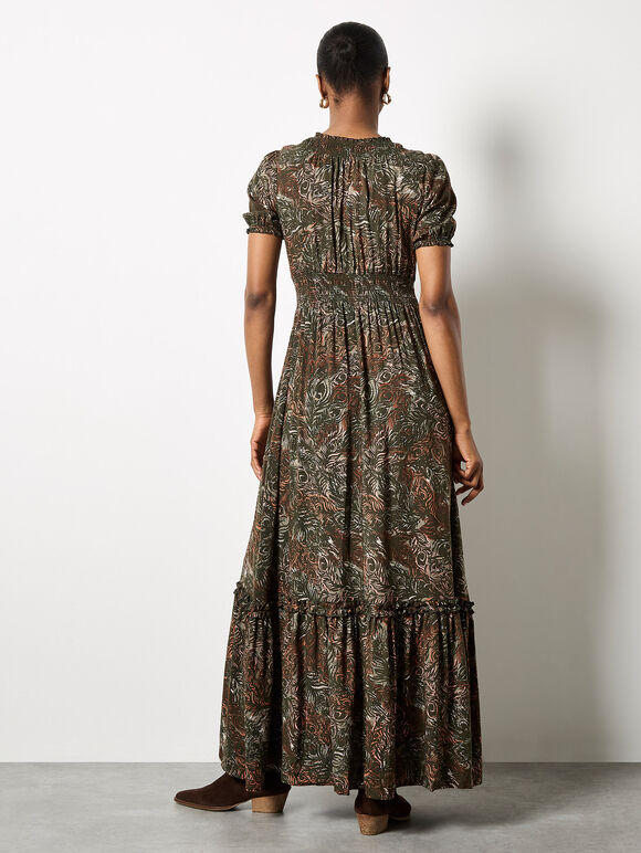 Peacock Feather Print Maxi Dress, Khaki, large