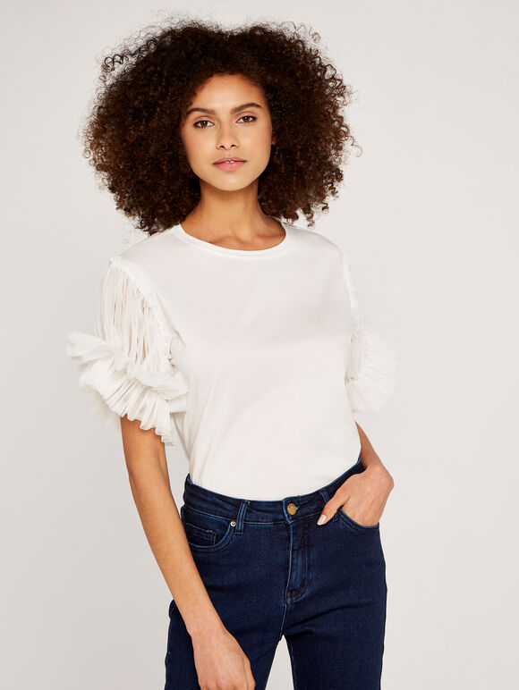 Tulle Sleeve Top, White, large