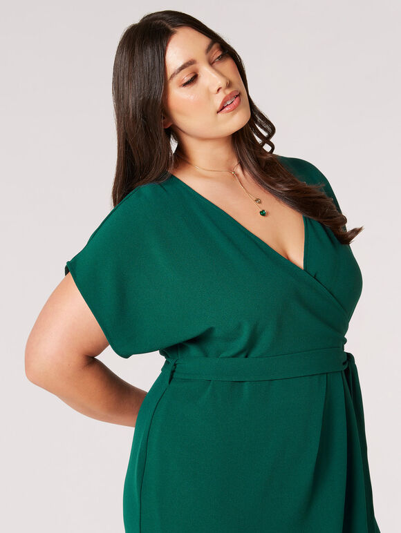 Curve Textured Wrap Midi Dress, Green, large