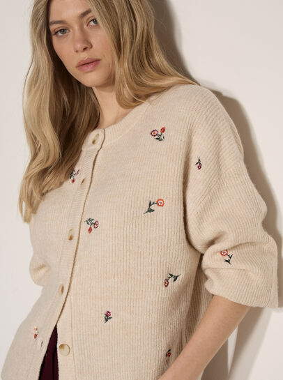 Soft Ribbed Knit Floral Embroidered Cardigan