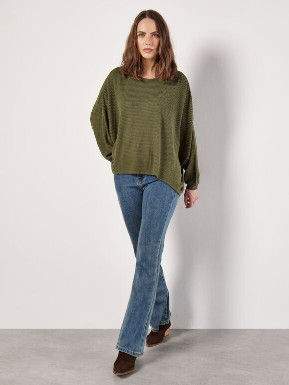 Soft-Touch Oversized Waffle Knit Top, Khaki, large