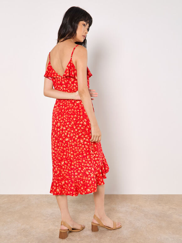 Leopard Print Ruffle Midi Dress, Red, large