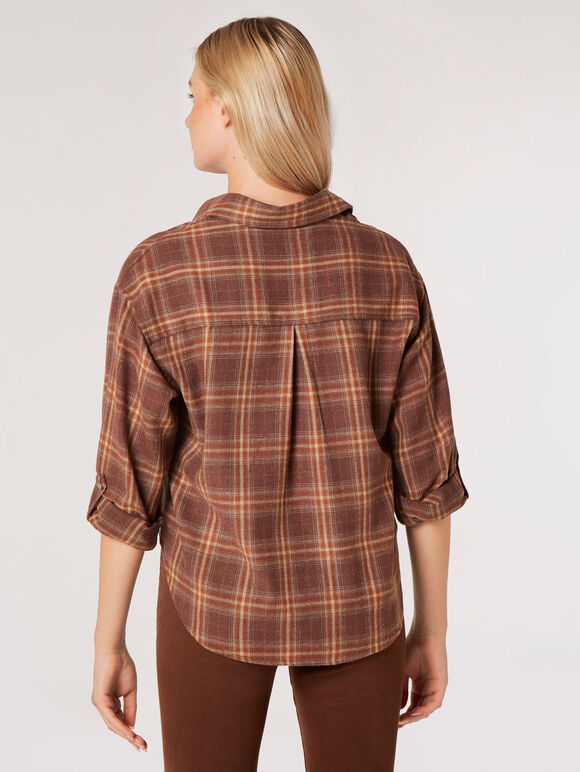 Check Print Cropped Shirt, Brown, large