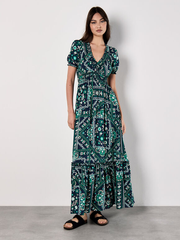Scarf Print Smocked Maxi Dress, Navy, large