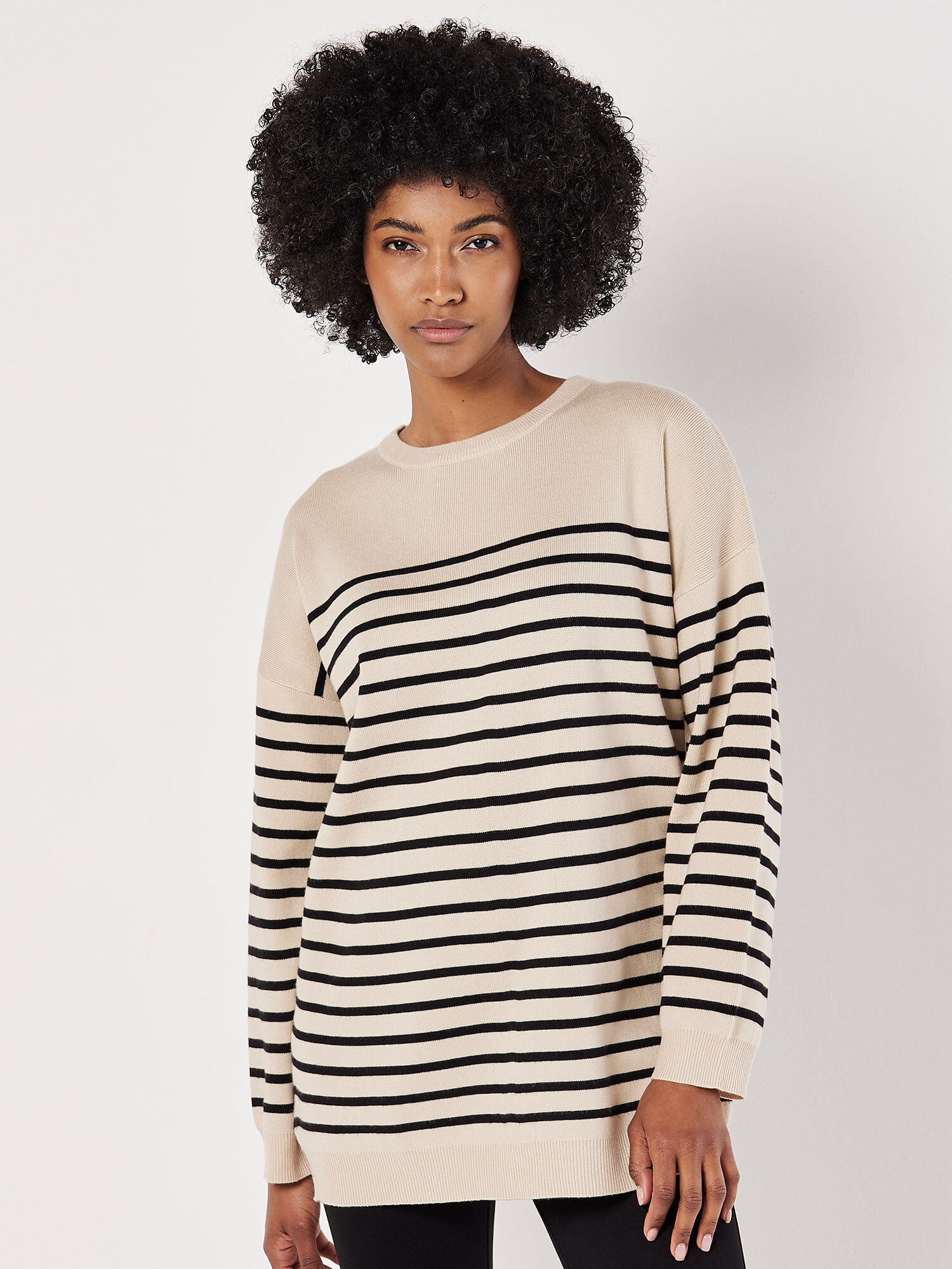 Stripe Rib Knit Longline Jumper Apricot Clothing