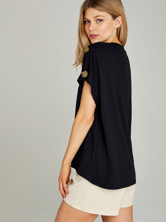 Button Shoulder Curved Hem Tee, Navy, large