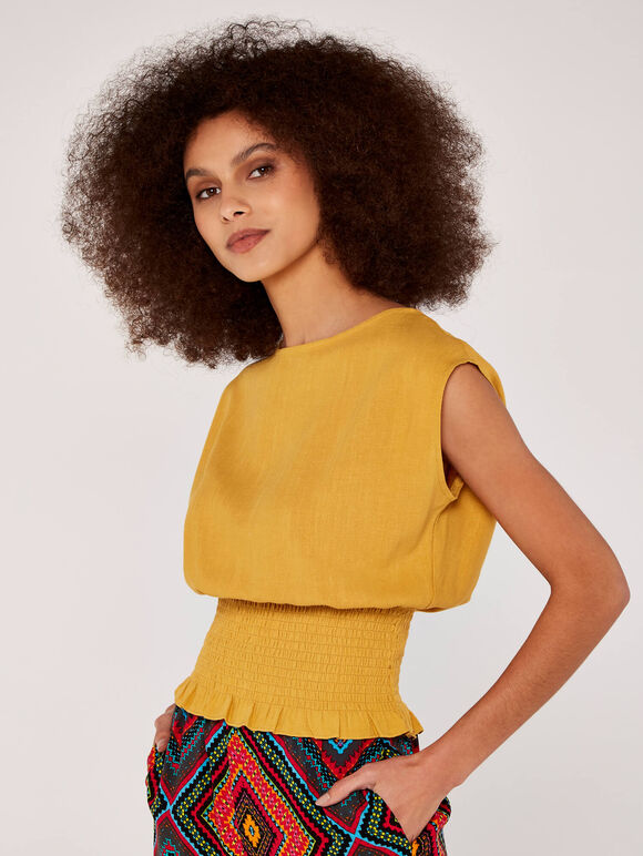Shirred Waist Crop Top, Mustard, large