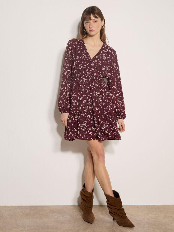 Floral Wrap Mini Dress, Burgundy, large