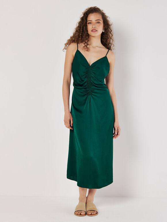 Ruched Satin A-Line Midi Dress, Green, large