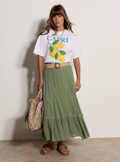 Lace Insert Belted Midi Skirt