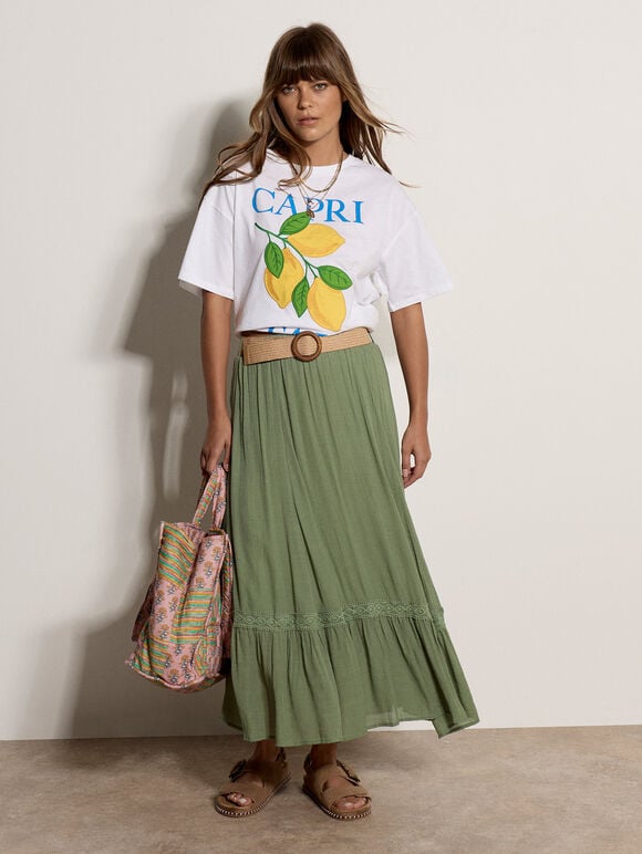 Lace Insert Belted Midi Skirt, Green, large
