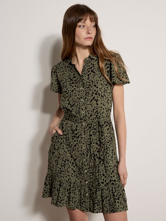 Scattered Squares Shirt Mini Dress, Khaki, large