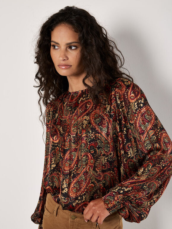 Paisley Sparkle Self Stripe Blouse, Black, large