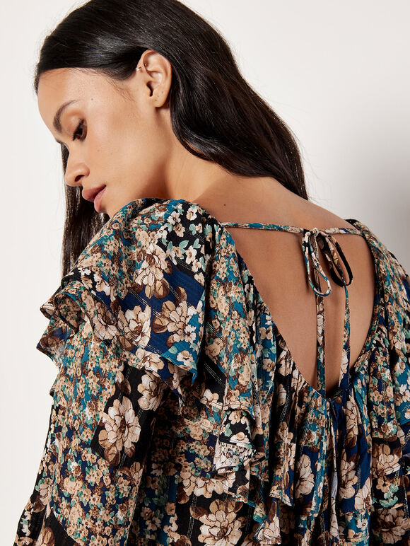 Patchwork Floral Shimmer Ruffle Blouse, Teal, large