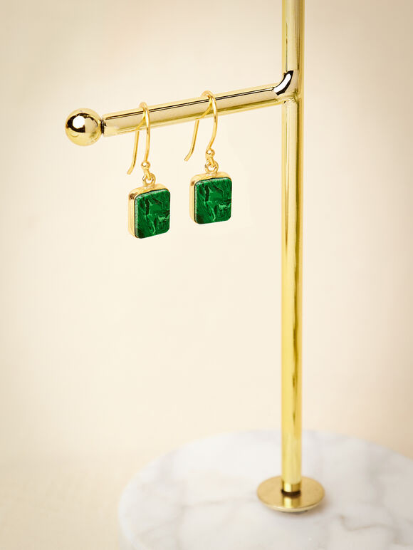 Gold Tone Square Stone Hook Earrings, Green, large