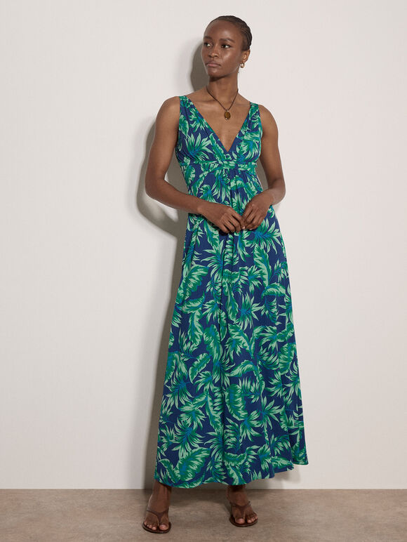Tropical Leaf Jersey Maxi Dress, Blue, large