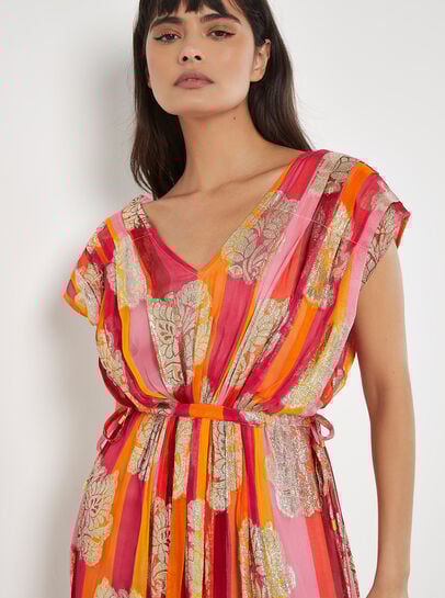 Metallic Leaf Stripe Kimono Maxi Dress