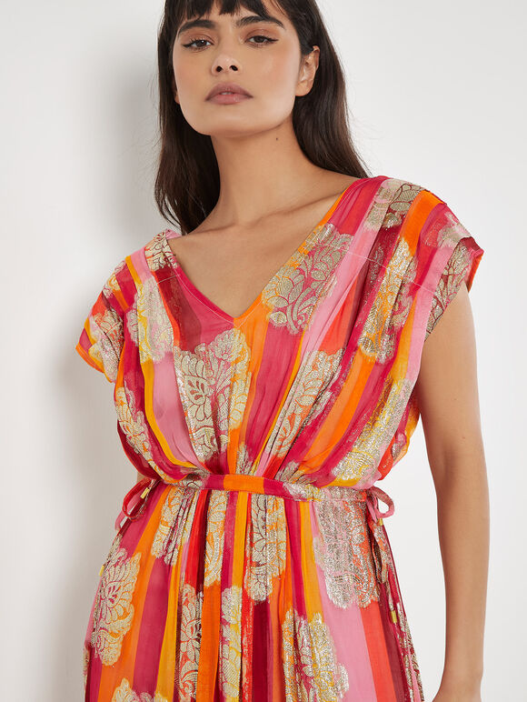Metallic Leaf Stripe Kimono Maxi Dress, Pink, large