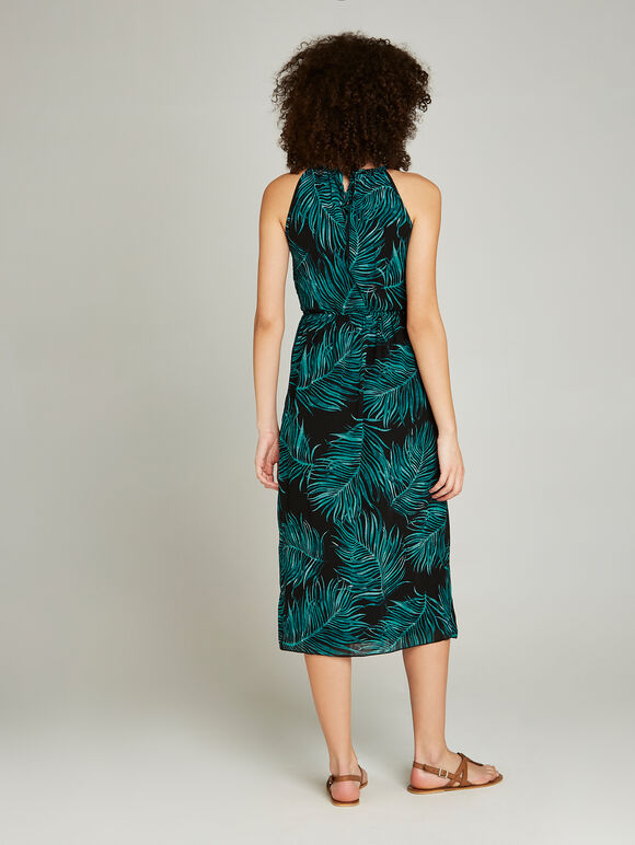 Braided Neck Palm Leaf Midi Dress, Teal, large